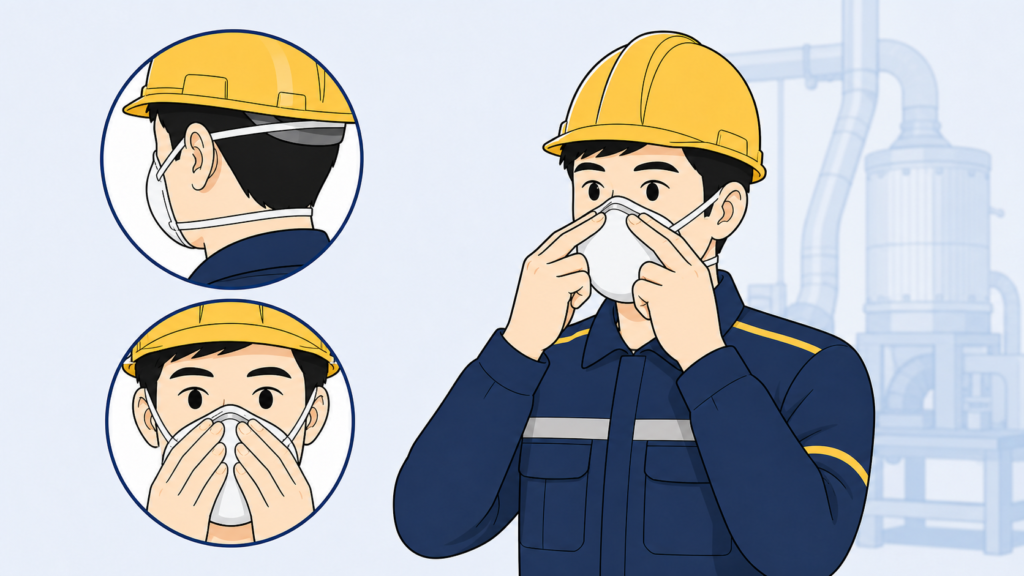수염이 없는 작업자가 방진마스크로 코와 턱을 덮고 두 끈과 코편을 조정해 밀착상태를 확인하는 2D 그림 · 방진마스크 특급·1급·2급 선택 기준