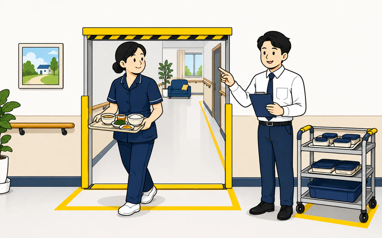 [넘어짐] 요양원 배식 중 칸막이 걸림 사고사례: 문턱 식별·운반동선