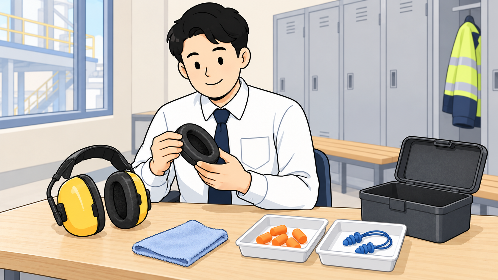 귀덮개 쿠션을 분리해 상태를 살피는 이과장과 청력보호구 설명 삽화